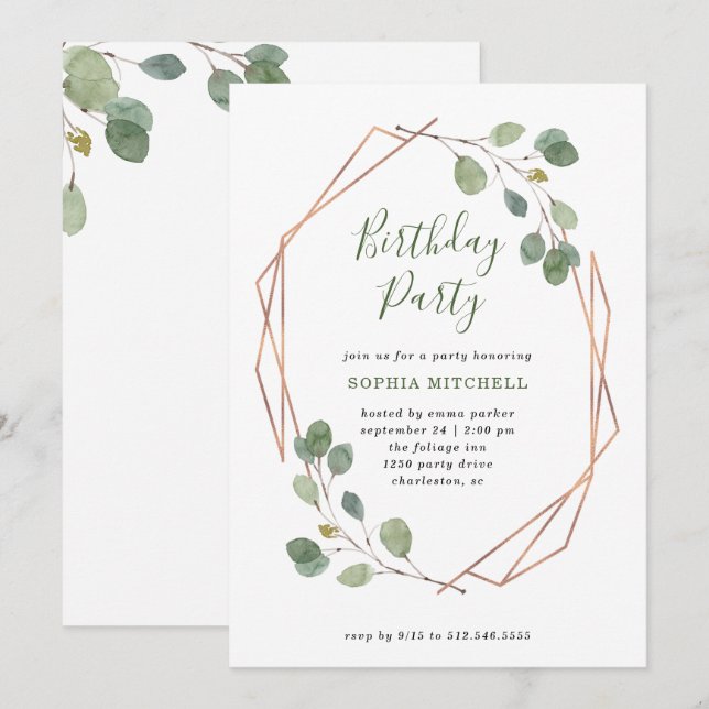 Eucalyptus Greenery | Rose Gold Geo Birthday Party Invitation (Front/Back)