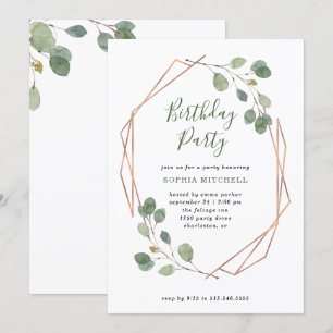 Eucalyptus Greenery   Rose Gold Geo Birthday Party Invitation