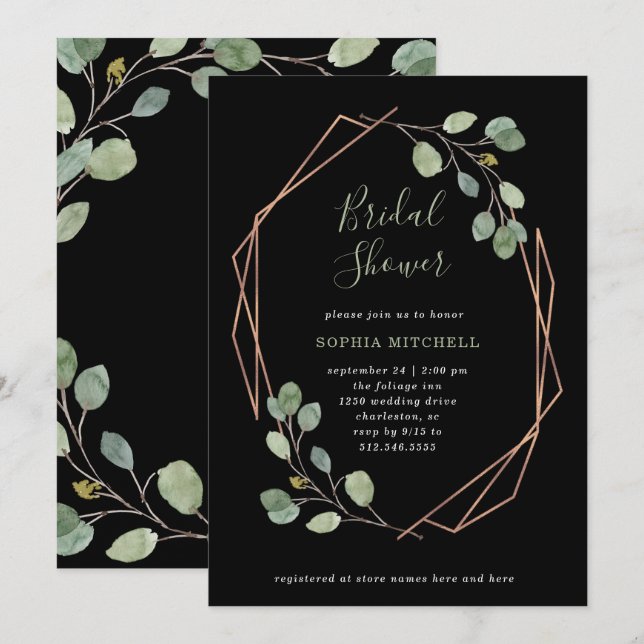 Eucalyptus Greenery | Rose Gold Geo Bridal Shower Invitation (Front/Back)