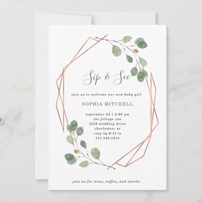 Eucalyptus Greenery Rose Gold Geo | Sip and See Invitation (Front)