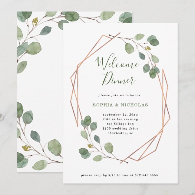 Eucalyptus Greenery | Rose Gold Geo Welcome Dinner Invitation (Front/Back)