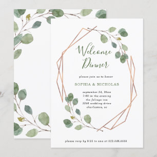 Eucalyptus Greenery   Rose Gold Geo Welcome Dinner Invitation