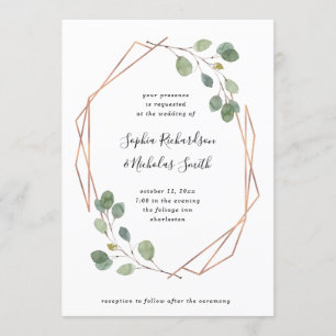 Eucalyptus Greenery Rose Gold Geometric Wedding Invitation