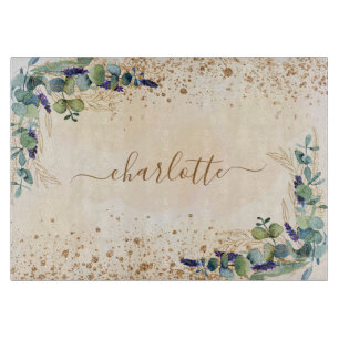 Eucalyptus greenery rose gold glitter name cutting board