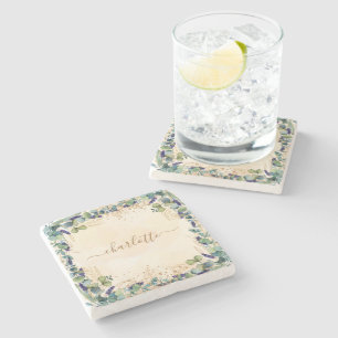 Eucalyptus greenery rose gold glitter name stone coaster