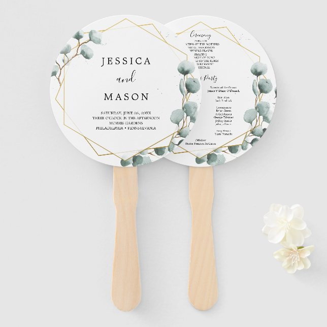 Eucalyptus Greenery Round Wedding Program Fan (Front and Back)