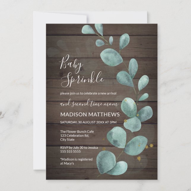 Eucalyptus Greenery Rustic Wood Baby Sprinkle Invi Invitation (Front)