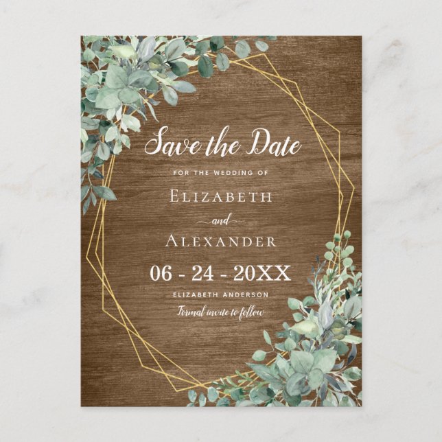 Eucalyptus Greenery Rustic Wood Geometric Wedding  Announcement Postcard (Front)