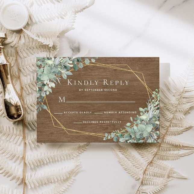 Eucalyptus Greenery Rustic Wood Geometric Wedding RSVP Card (Creator Uploaded)