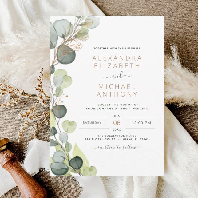 Eucalyptus Greenery Sage Green Gold Wedding Invitation (Creator Uploaded)