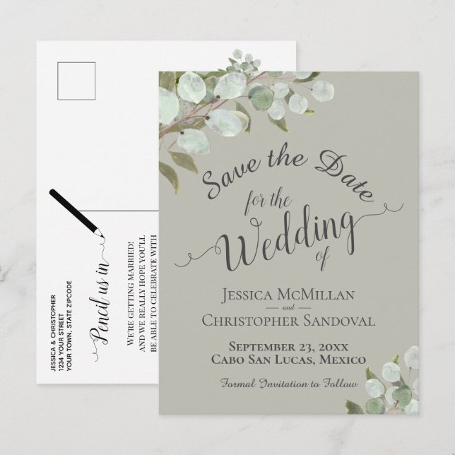 Eucalyptus & Greenery Sage Wedding Save the Date Announcement Postcard (Front/Back)