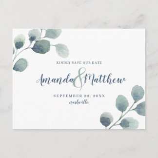 Eucalyptus Greenery Save the Date Blue Watercolor Announcement Postcard