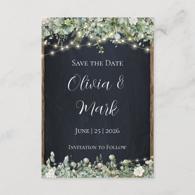 Eucalyptus Greenery Save the Date | Rustic Wooden Enclosure Card (Front)