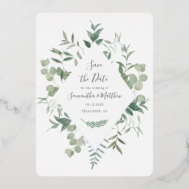 Eucalyptus Greenery Save the Date Silver (Front)