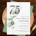 Eucalyptus Greenery Script 75th Birthday Invitation<br><div class="desc">Cute and modern, yet elegant 75th birthday party invitations. Featuring a trendy layout and watercolor floral and greenery eucalyptus and pink blush. Perfect for any age birthday party invitation. The template that can be easily edited and the text replaced with your own details by clicking the "Personalise" button. For further...</div>