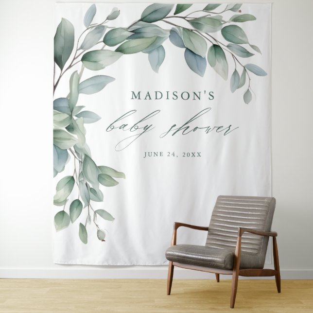 Eucalyptus Greenery Script Baby Shower Backdrop Tapestry (In Situ)