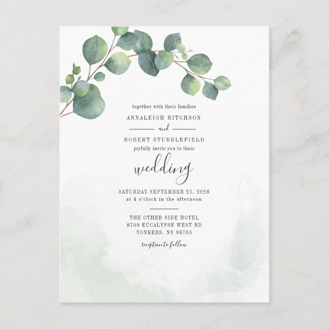 Eucalyptus Greenery Script Botanical Wedding Invitation Postcard (Front)