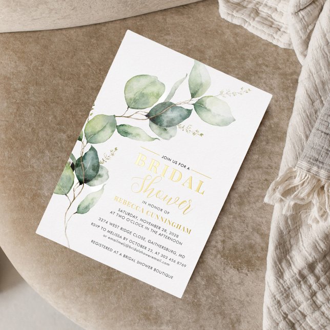 Eucalyptus Greenery Script Bridal Shower Gold (Eucalyptus Sage Green Script Bridal Shower Gold Foil Invitation)