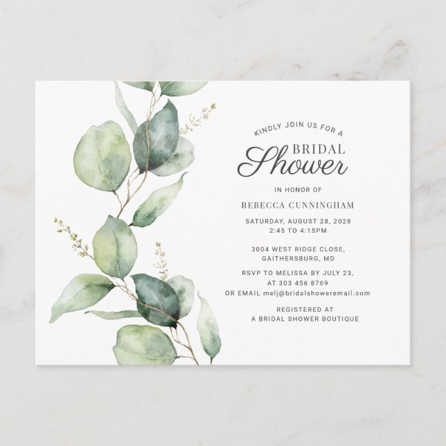 Eucalyptus Greenery Script Bridal Shower Invitation Postcard (Front)