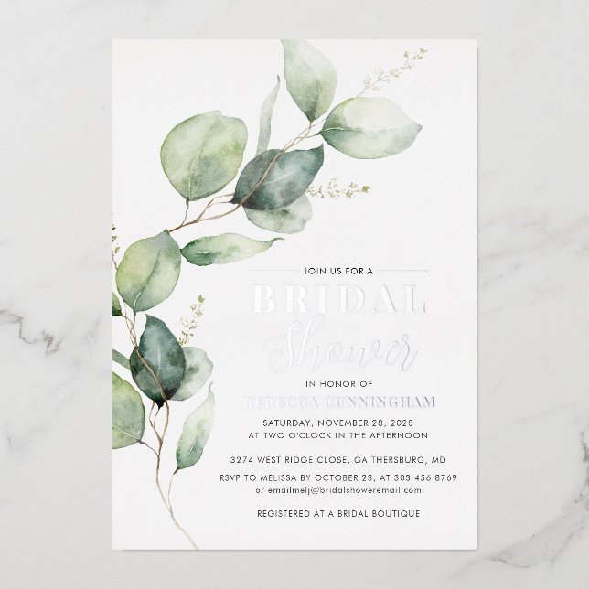 Eucalyptus Greenery Script Bridal Shower Silver (Front)