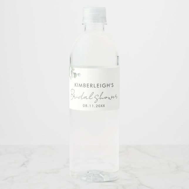 Eucalyptus Greenery Script Bridal Shower Water Bottle Label (Front)