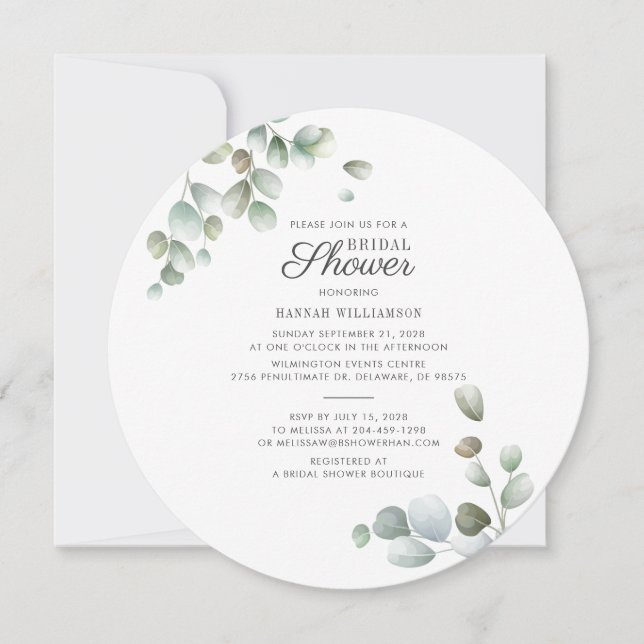 Eucalyptus Greenery Script Foliage Bridal Shower Invitation (Front)