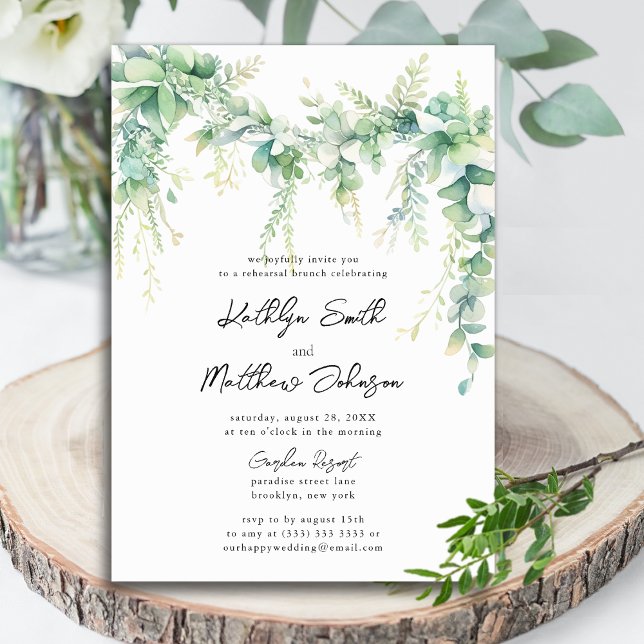 Eucalyptus Greenery Script Modern Rehearsal Brunch Invitation (Creator Uploaded)