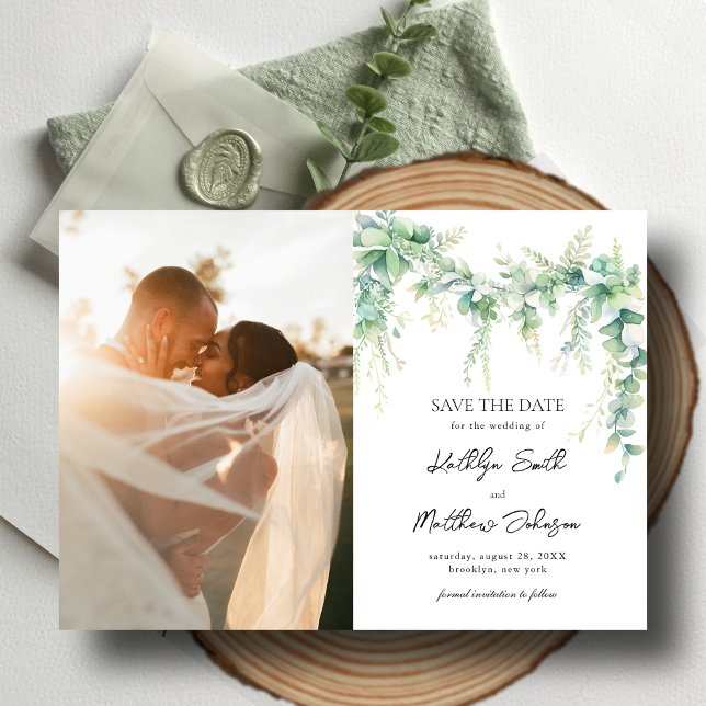 Eucalyptus Greenery Script Modern Save The Date Magnetic Invitation (Creator Uploaded)