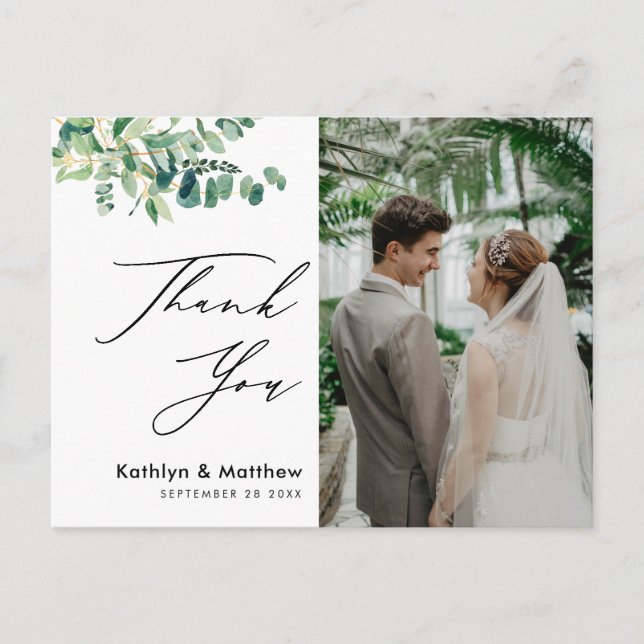 Eucalyptus Greenery Script Photo Wedding Thank You Postcard (Front)