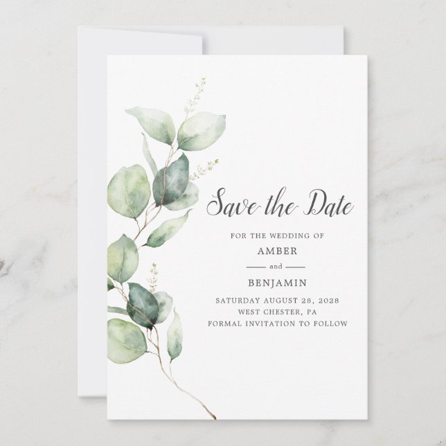 Eucalyptus Greenery Script Save the Date (Front)