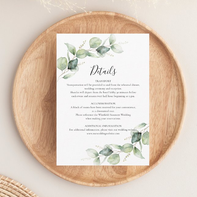 Eucalyptus Greenery Script Wedding Details Enclosure Card (Eucalyptus Greenery Modern Wedding Details Enclosure Card)