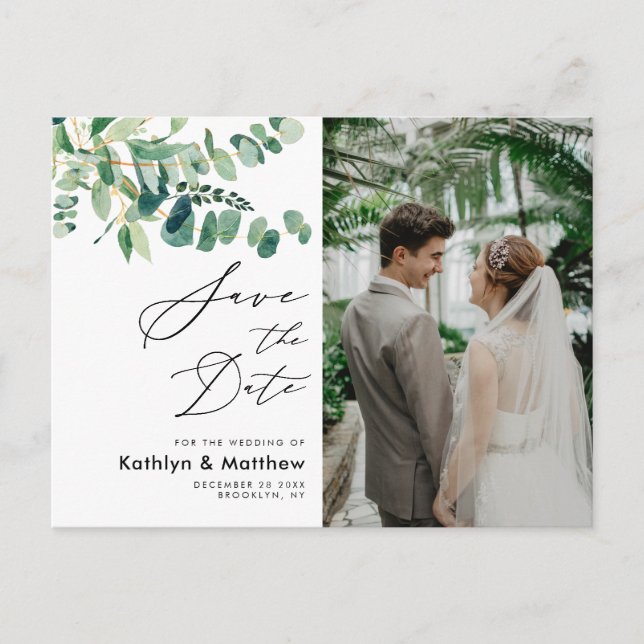 Eucalyptus Greenery Script Wedding Save The Date Announcement Postcard (Front)
