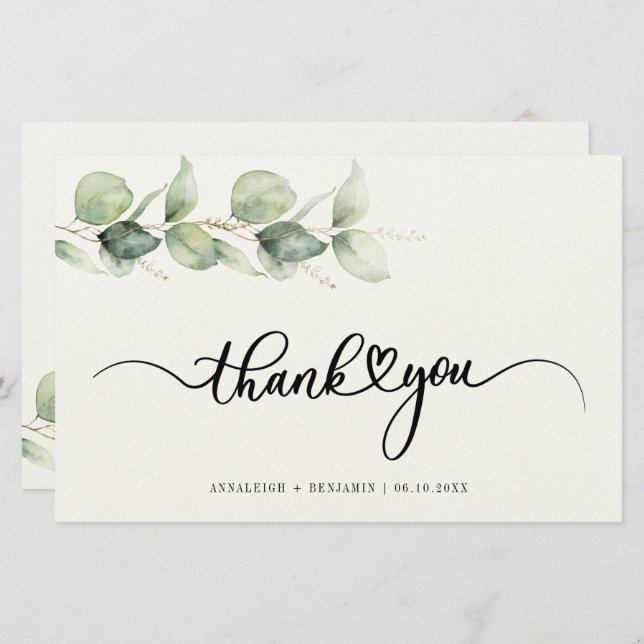 Eucalyptus Greenery Script Wedding Thank You Stationery (Front/Back)