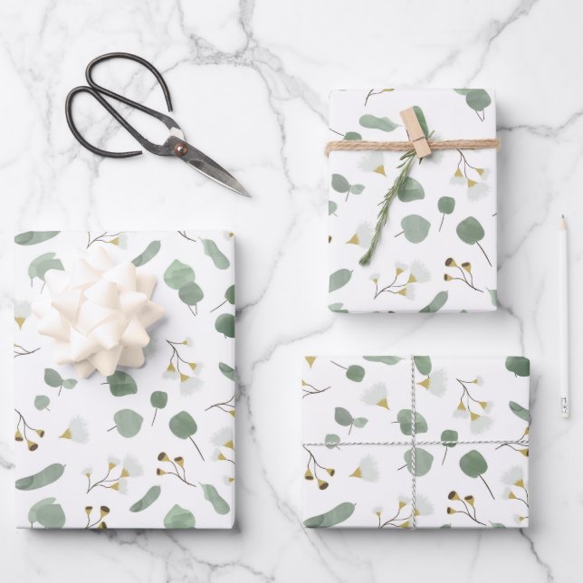 Eucalyptus Greenery Silver Dollar Gum Blossoms  Wrapping Paper Sheet (Front)