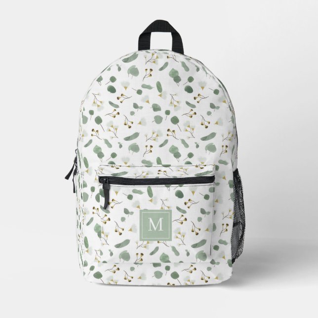 Eucalyptus Greenery Silver Dollar Monogrammed Printed Backpack (Front)