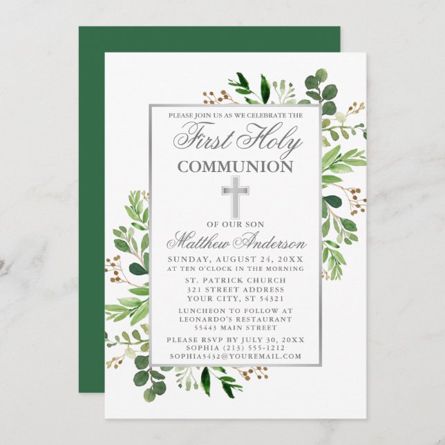 Eucalyptus Greenery Silver First Communion Invitation (Front/Back)