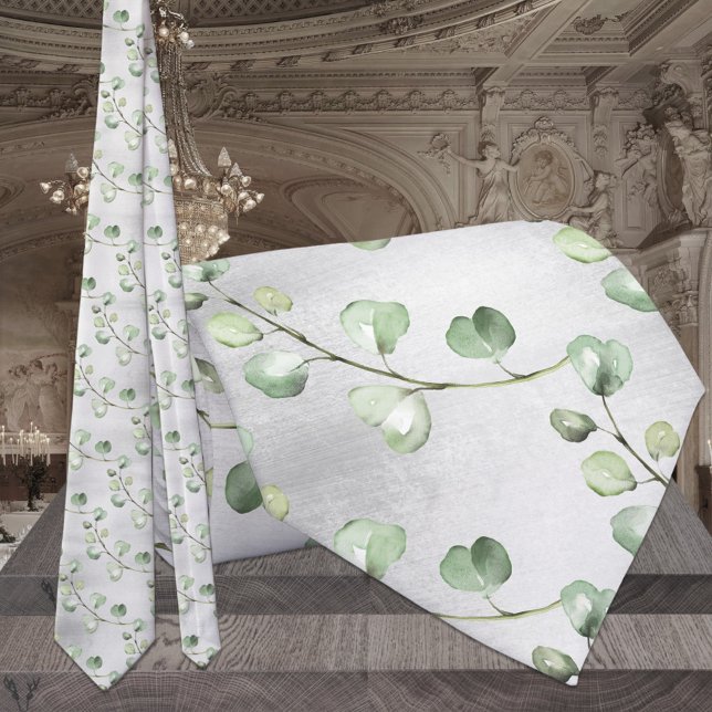 Eucalyptus Greenery Silver Grey Wedding Neck Tie (Creator Uploaded)