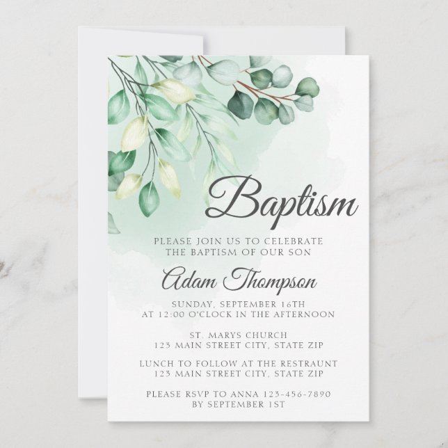 Eucalyptus Greenery Simple Baptism Invitation (Front)