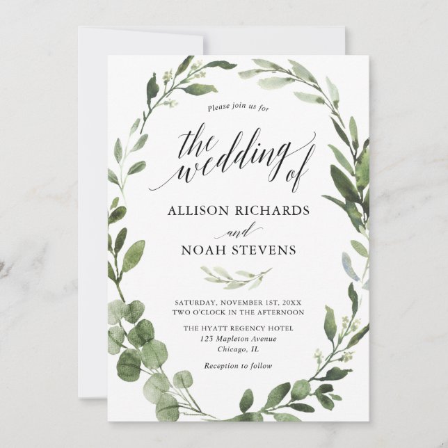 Eucalyptus greenery simple elegant wedding invitation (Front)
