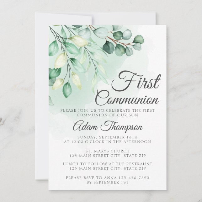 Eucalyptus Greenery Simple First Communion Invitation (Front)