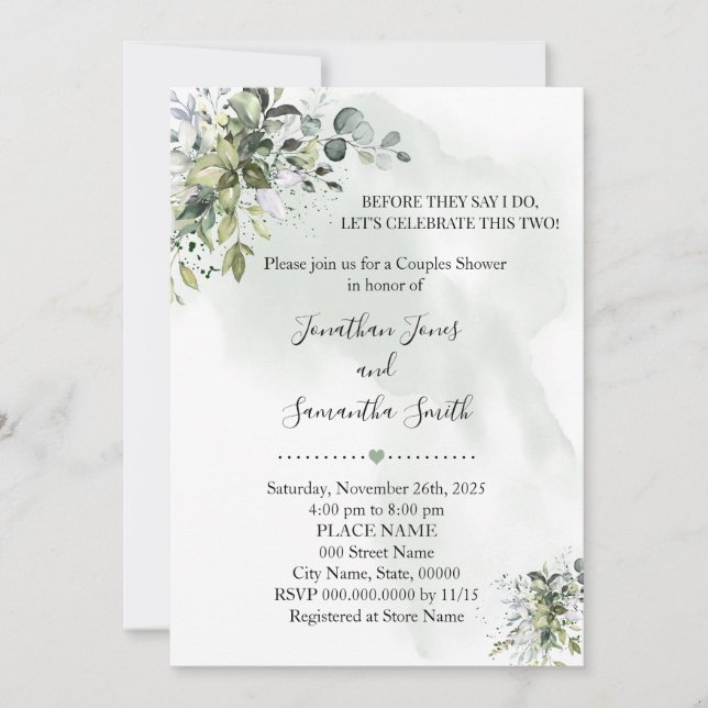 Eucalyptus greenery succulent couples shower invitation (Front)