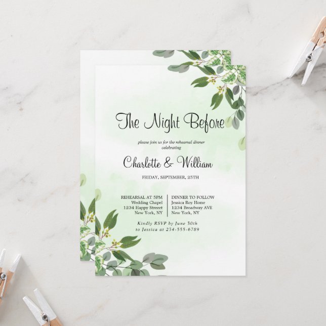 Eucalyptus Greenery Succulent Rehearsal Dinner Invitation (Front/Back In Situ)