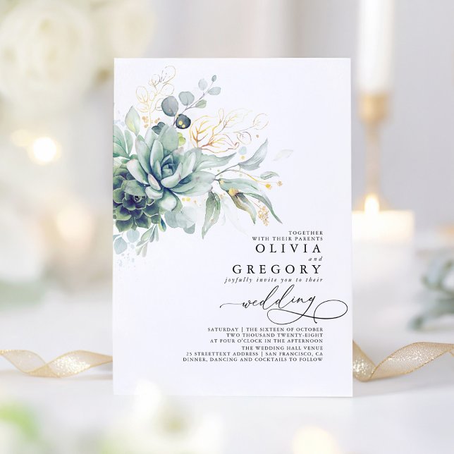 Eucalyptus Greenery Succulents and Gold Wedding Invitation (Succulents Greenery Wedding Invitations)