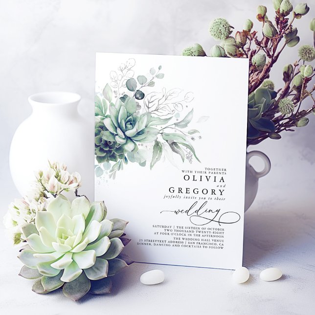 Eucalyptus Greenery Succulents and Silver Wedding Invitation (Succulents and Silver Greenery Modern Wedding Invitations)
