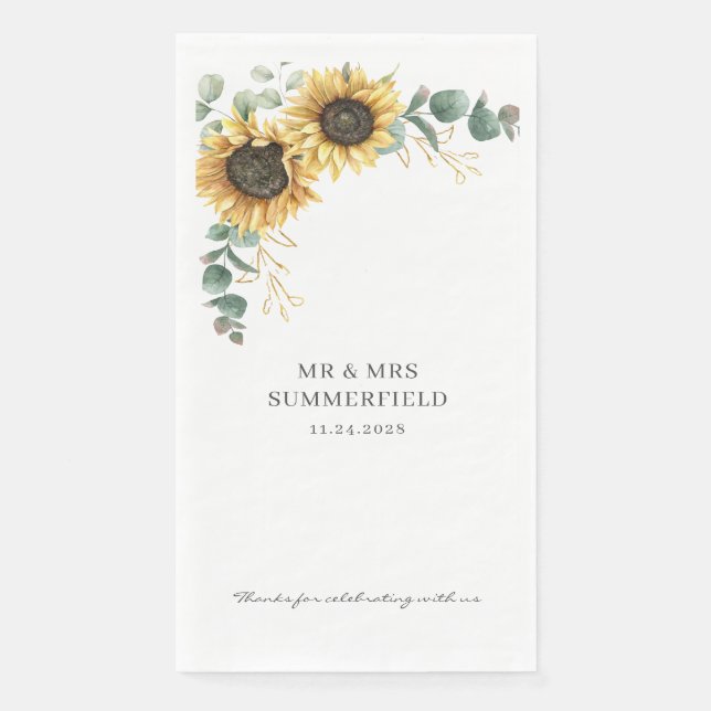 Eucalyptus Greenery Sunflower Floral Wedding Napkin (Front)