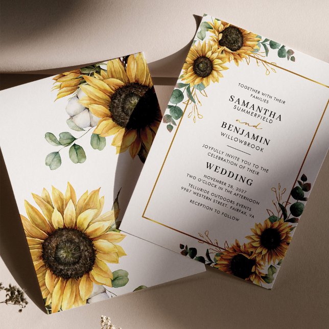 Eucalyptus Greenery Sunflower Geometric Wedding Invitation (Sunflower Eucalyptus Wedding Invitation Front and Back view)