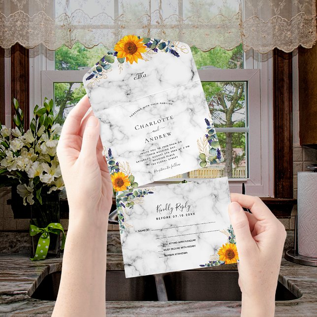 Eucalyptus greenery sunflowers marble wedding all in one invitation (Creator Uploaded)