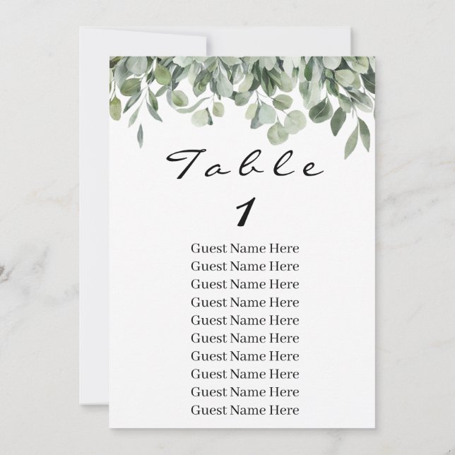 Eucalyptus Greenery Table Number 1 Seating Chart   (Back)
