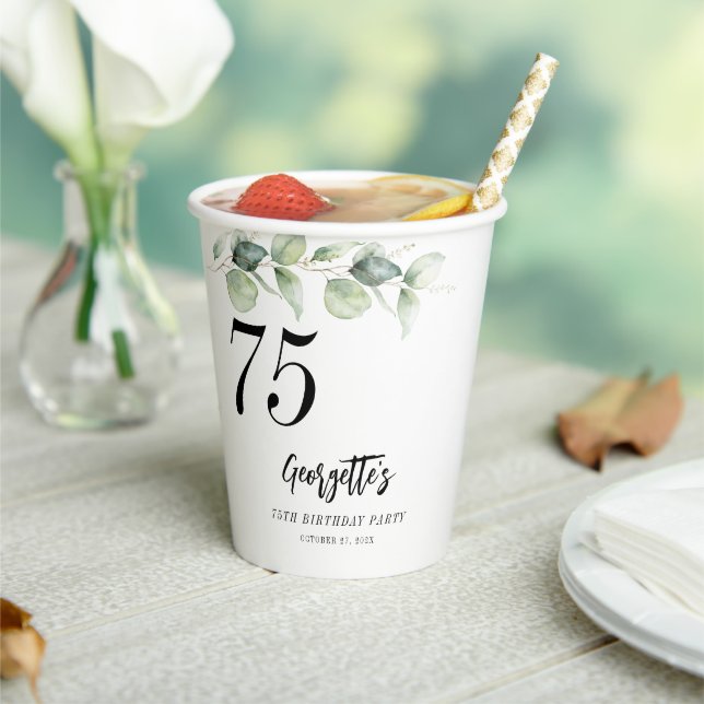 Eucalyptus Greenery Watercolor 75th Birthday Paper Cups (Insitu)