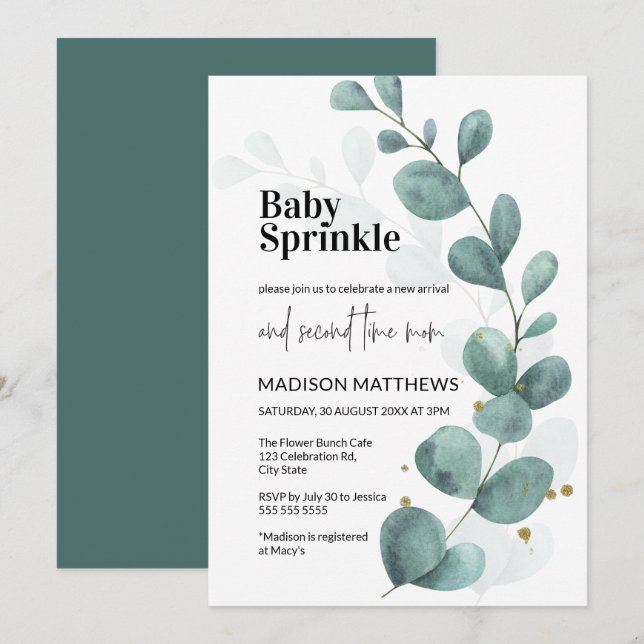 Eucalyptus Greenery Watercolor Baby Sprinkle Invitation (Front/Back)